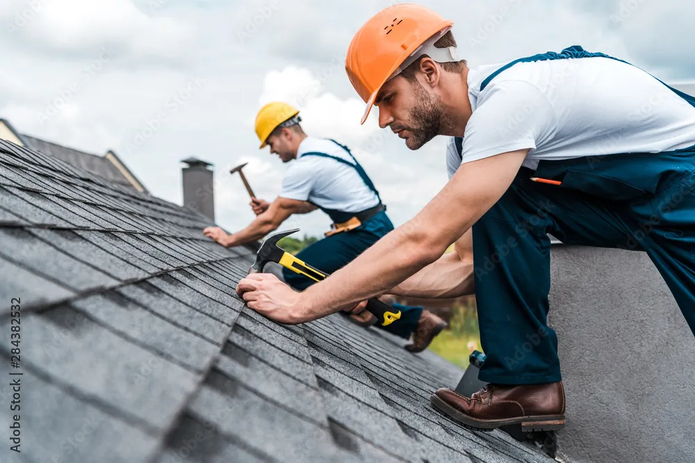 Angled roof view showcasing quality roofing work and materials